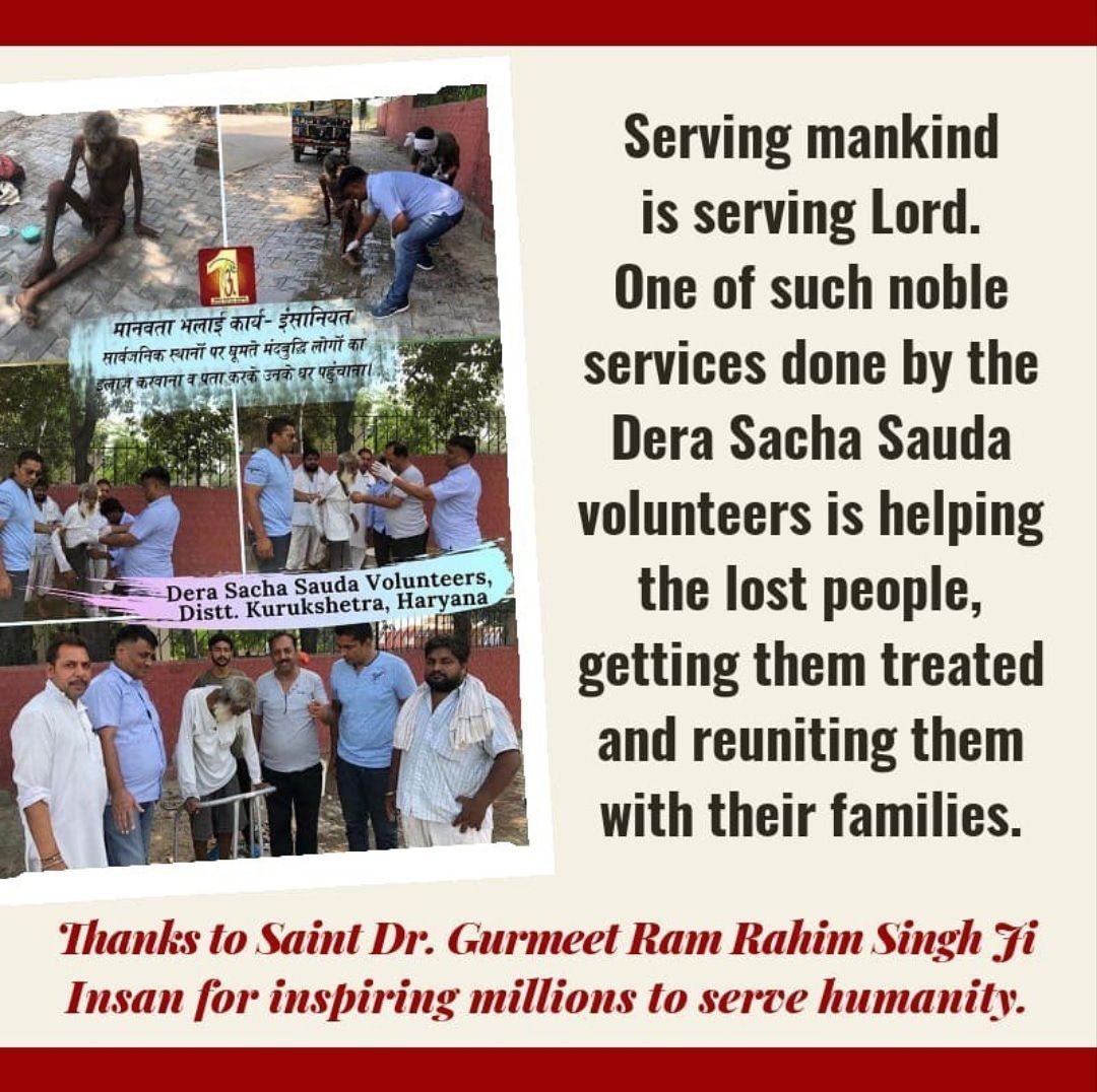 itz_gurpreet13's tweet photo. Our society treats the lost & mentally retarded people badly.
Such people are not aware of themselves & need help.
The DSS help provide treatment, homely care & also help them to get reunited with their families with Saint Gurmeet Ram Rahim Ji's teachings.
#ReunitWithFamily https://t.co/gTYywUtm8K