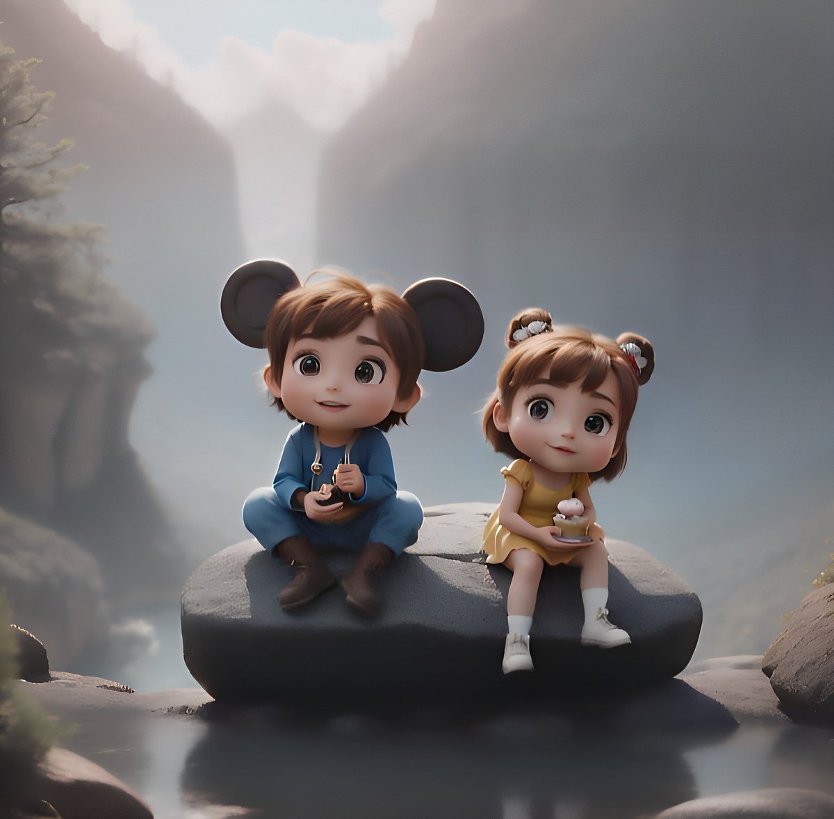 Duuaa_here's tweet photo. ๐จโจ Feeling like Disney! Witness these adorable kids perched atop a magical rock in this mind-blowing anime digital art. ๐๐ง๐ฆ #AIArt #DisneyVibes #DigitalArt #ArtGallery #CodeCanvas619 https://t.co/sGRH9owE5o
