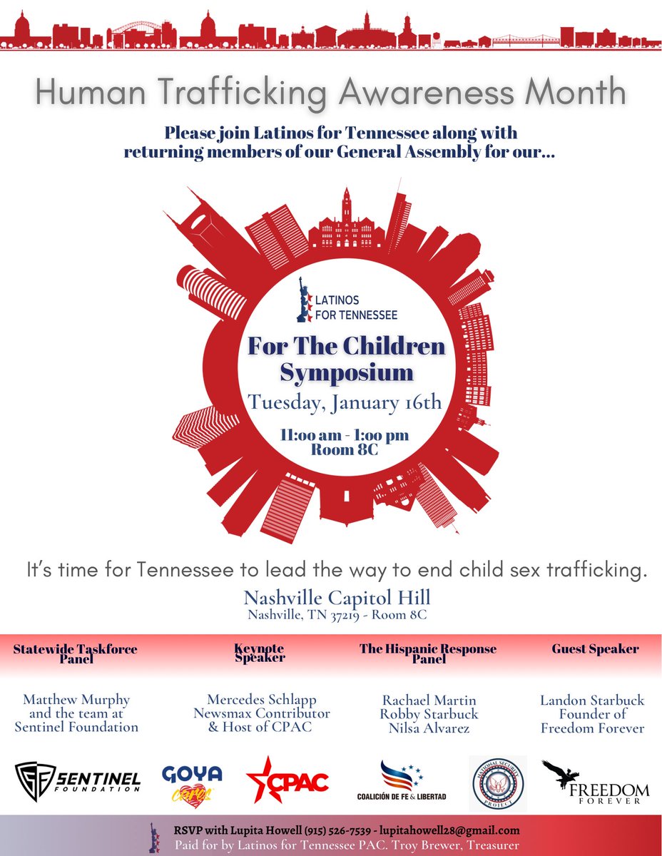 Nilsaalvarez's tweet photo. Come with us to the TN Capitol next Tuesday to inspire our general assembly with insightful perspectives from experts and advocates that can help our state #EndHumanTrafficking. #humantraffickingawarenessmonth
#sentinelfoundation @mercedesschlapp @LandonStarbuck @robbystarbuck @nilsaalvarez @Latinos4TN 🇺🇸
