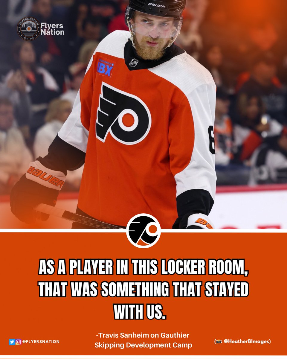 FlyersNation's tweet photo. Travis Sanheim on Cutter Gauthier: 

“I hadn’t talked to him, only thing that I had heard was the development [camp], not wanting to be there, so obviously as a player in this locker room, that was something that stayed with us. 

For as long as I know, you show up to development camp whether you skate or not. 

I think if he doesn’t want to be here, we’re happy to move on and get the pieces that we did.” 

#Flyers