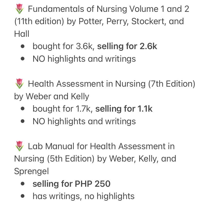 chalowdraws's tweet photo. lfb wts ph nursing books for sale

📚 Fundamentals of Nursing Vol 1 &amp; 2 (11th edition) by Potter, Perry, Stockert, and Hall

📚 Health Assessment in Nursing (7th ed) by Weber and Kelly

📚 Lab Manual for Health Assessment in Nursing (5th ed) by Weber, Kelly, and Sprengel https://t.co/L8PCaJBe3M
