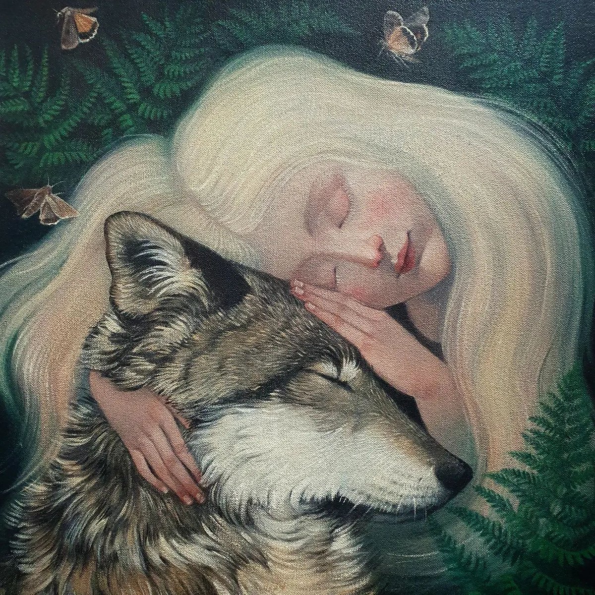 'This Wild Love' by lucy_campbell_art recently exhibited at @greengallerylifestyle in Scotland - we love the textures of the fur and hair against the soft ferns! 

#beautifulbizarre #lucycampbell #lucycampbellartist #scottishartist #newpainting #acryliconcanvas #wildlove