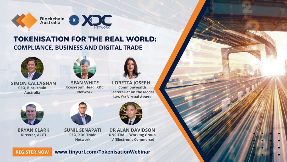 <<Tokenisation for the Real World: Compliance, Business and Digital Trade>> Event hosted by @BlockchainAUS collaboration with @XDC_Australia. Come explore the dynamic world of #Tokenisation in the #DigitalTrade economy. #XDCNetwork tinyurl.com/TokenisationWe… @XinFin_Official #MLETR