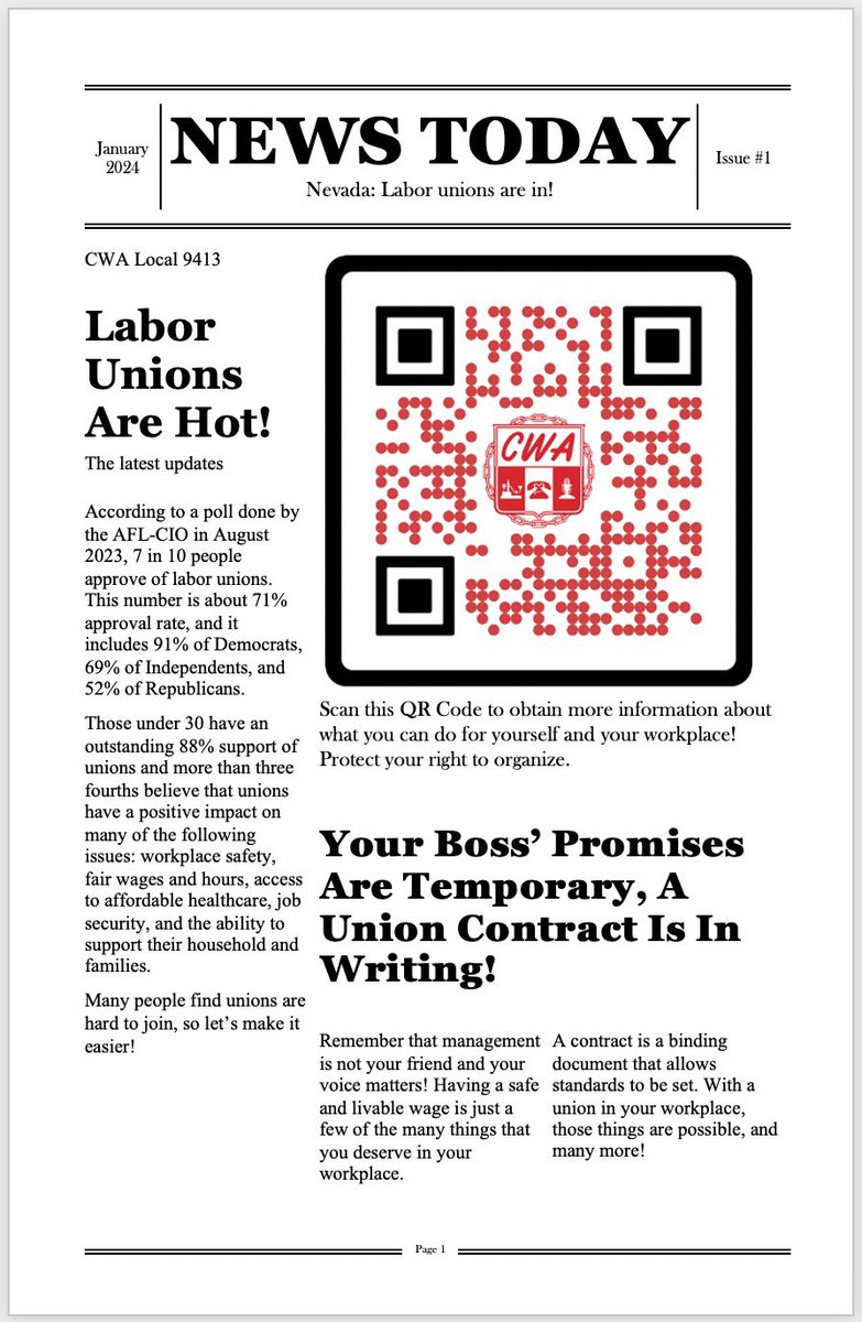 EXTRA! EXTRA! READ ALL ABOUT IT! 🗞️ 
📰 Read and share our first ever local 9413 news article. If you or someone you know wants to unionize their workplace, we can help! 

Scan the QR Code for more information. ✊🏽
#TogetherWeAreStronger #UnionYes #Nevada #Unionize #CWA #Local9413
