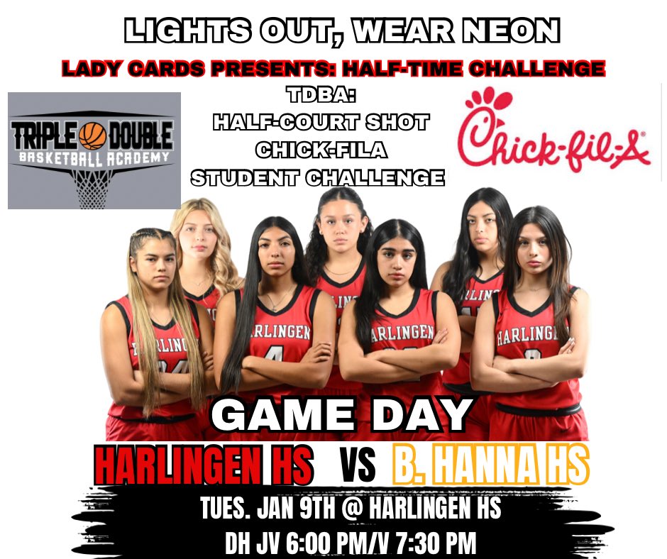 <a href="/HHS_GBBall/">Harlingen Lady Cards</a> presents: HALF-TIME Challenge for our CSND Fans! 
 <a href="/HarlingenCISD/">HCISD</a> <a href="/HarlingenStuCo/">HHS Student Council</a> <a href="/TripleDubHarl1/">Harlingen Triple Double Basketball Academy</a> <a href="/HHSILC/">HHSILC</a> <a href="/TafeHhs/">HHS TAFE. 🍎📚</a> <a href="/hhsptsacards/">HHS</a> <a href="/HarlingenHS_Law/">HHS Law Enforcement Club</a> <a href="/ArelyRTamez/">Arely R. Tamez</a> <a href="/EmiHinojosa2/">EmiHinojosa</a> <a href="/Riosportslive/">RSL Network</a>