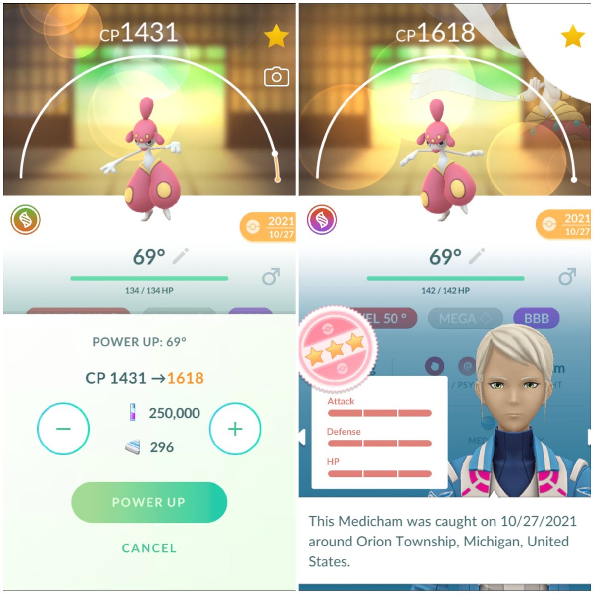 Sinfool69's tweet photo. I chose to do 8 power ups on some good Pokemon for my first #MaxOutMonday of the year! Medicham was both my 69th hundo and 69th level 50 Pokemon. I am getting stronger 😌😆

#PokemonGO https://t.co/6Njo74zRfZ