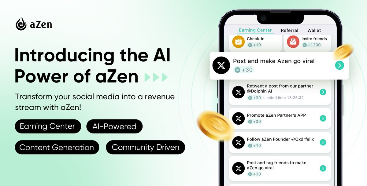 🚀 Introducing the AI Power of aZen Earning Center!
✨ aZen: AI-Powered &amp; Community-Driven, transform your daily social media activities into earnings.

🤔 Wondering how businesses attract customers online? 
Referrals, social media posts, Facebook &amp; Google ads, roadshows, AMAs...