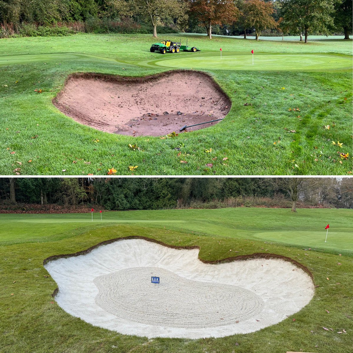 Finally, a break in the weather! Just Filled the new bunkers with sand. Compact them with a wacker plate, and we’re ready for play! ⛳✨