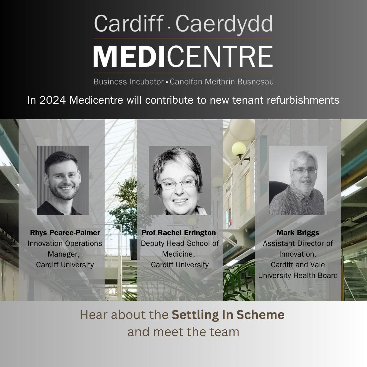 Calling #healthcare + #medtech companies looking for space in #Cardiff @Medicentre_cf has launched a Settling In Scheme. Medicentre will contribute to #lab & #office refurbishments for new tenants in 2024. Register for briefing + Q&A, 24 Jan, 10am: tinyurl.com/3yuvzuma