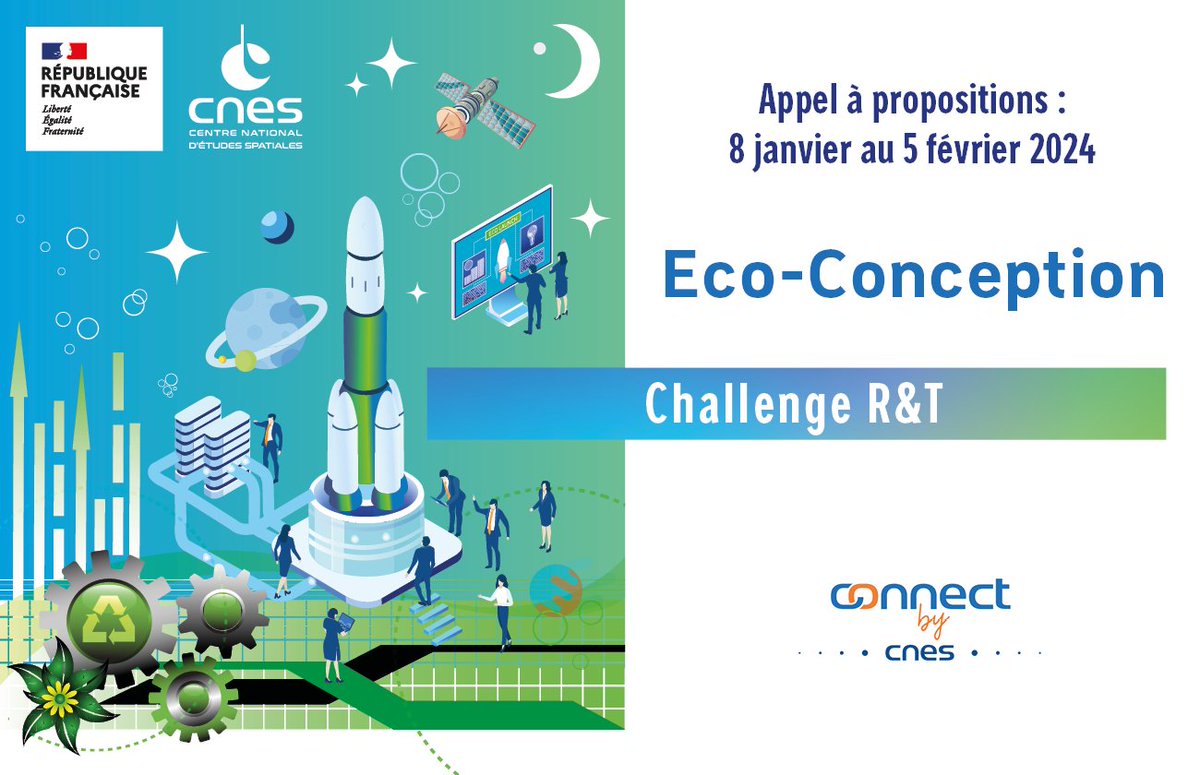 Nouveau challenge R&T @CNES #ÉcoConception 🎯Dynamiser l'éco-conception lors de la définition des segments spatiaux 💡 Transpositions méthodologiques issues du monde non spatial encouragées! L'aventure vous tente? Candidatez jusqu’au 05/02/24! ➡️ bit.ly/3RUCfth