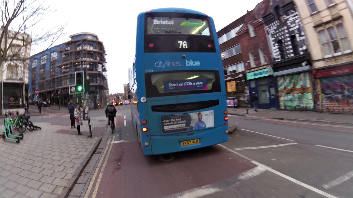 BugBrand's tweet image. Magic cyclelane paint doesn't make this any less of a #closepass - well under 1.5m. 
Poor judgement from driver to do an overtake at this pinchpoint - hang back for literally 10secs, then pass safely. 
@FirstBSA  Stokes Croft heading north, 9am today.