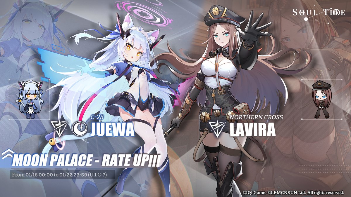 SoulTide's tweet photo. The upcoming Moon Palace will feature Juewa and Lavira! Evokers, make sure to seize this opportunity!
〓Duration〓
01/16 00:00 - 01/22 23:59(UTC-7)
#SoulTide #MoonPalace #Lemcnsun #Juewa #Lavira https://t.co/CUnUn7yaEm