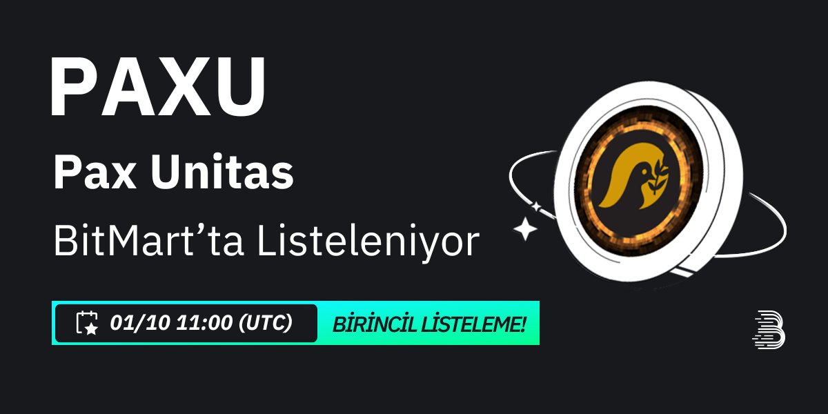 🔥 Pax Unitas (PAXU) ilk olarak #BitMart'ta listeleniyor! 🔥

🪙 İşlem çifti: $PAXU / $USDT
💰 Yatırma: Mevcut
📈 Alım-satım: 10/1/2024 14:00 (TR)

🌟 "SOSYAL" koduyla kayıt ol, 50 USDT ödül kazan 👉 bitmart.com/register-refer…

<a href="/BitMartExchange/">BitMart</a> | <a href="/PaxUnitas/">PAX UNITAS ( STOP THE WAR )</a>