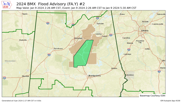 NWSBirmingham's tweet photo. Flood Advisory for Chilton, Coosa, Shelby, St. Clair, Talladega [AL] until Jan 9, 5:30 AM CST #alwx https://t.co/usyKXsMpIw