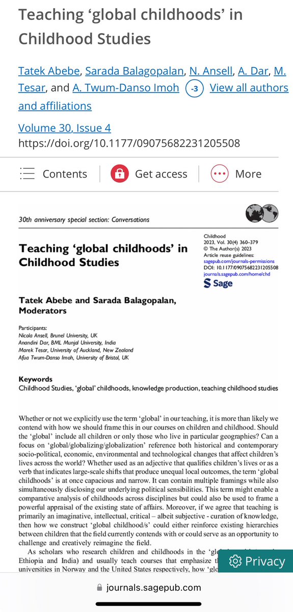 A conversation piece where some of us reflect on teaching courses on ‘global childhoods,’ & unpacking these categories. Part of the 30th anniversary celebrations of the Sage journal Childhood. @DrMarekTesar @afua_imoh @nicolaansell0 journals.sagepub.com/doi/10.1177/09…
