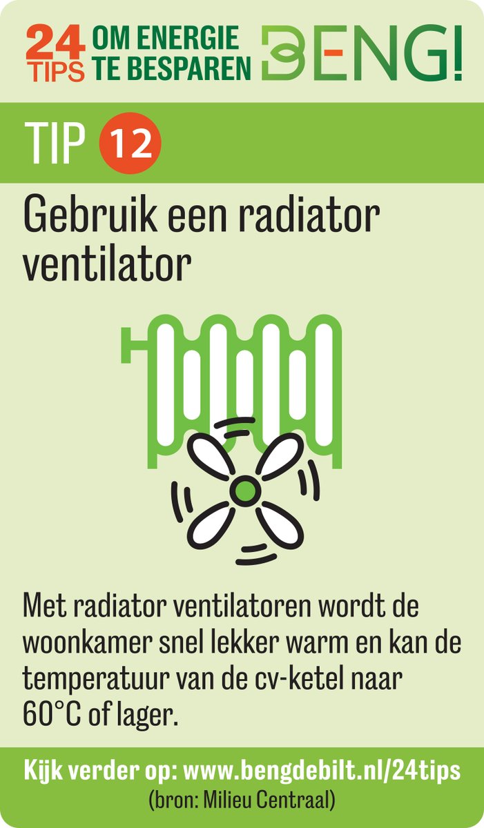 Met radiator ventilatoren wordt de woonkamer snel lekker warm en kan de temperatuur van de cv-ketel naar 60 °C of lager.
Kijk voor meer bespaartips op onze website:
bengdebilt.nl/24tips
#verwarming #besparen #gemeenteDeBilt