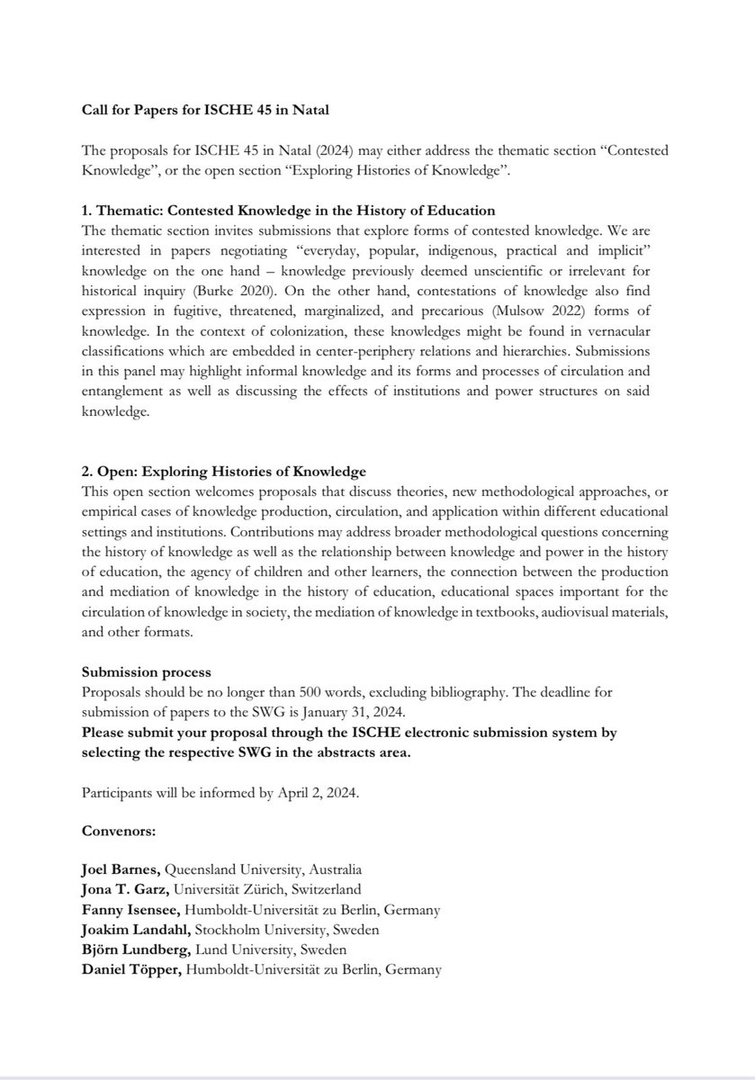 📣 Call for Papers: our standing working group now invites contributions for “History of Knowledge in the History of Education” panels at ISCHE 45, in Natal 🇧🇷18-21 August 2024 and ONLINE 💻 5-6 September. Deadline: January 31. ische.org/ische-conferen…