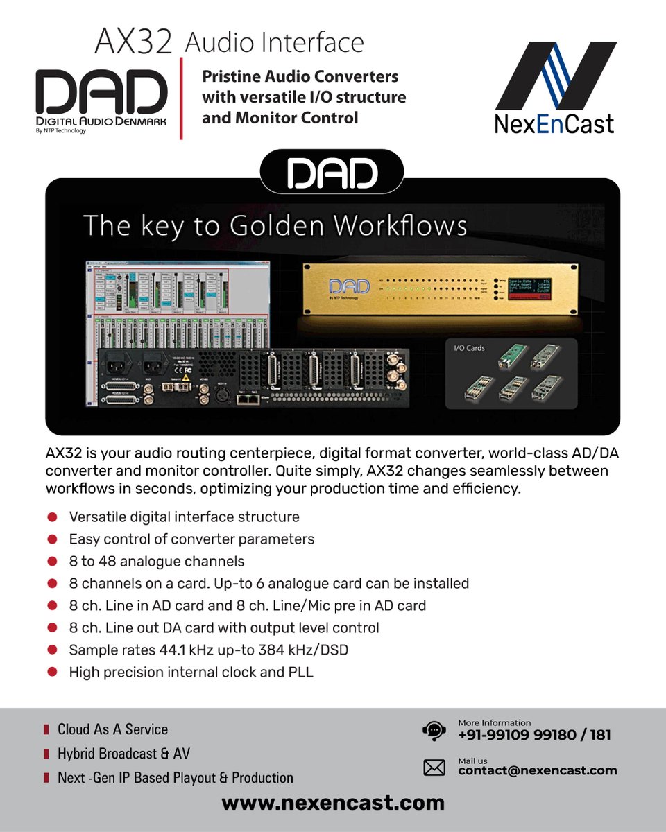 NexenCastPvtLtd's tweet photo. Digital Audio Denmark - AX32 Audio Interface
Pristine Audio Converters With Versatile I/O Structure and Monitor Control
#digitalaudiodenmark #dad #AX32 #audiointerface #converter #monitorcontrol #nexencast https://t.co/d2gTQC3g83