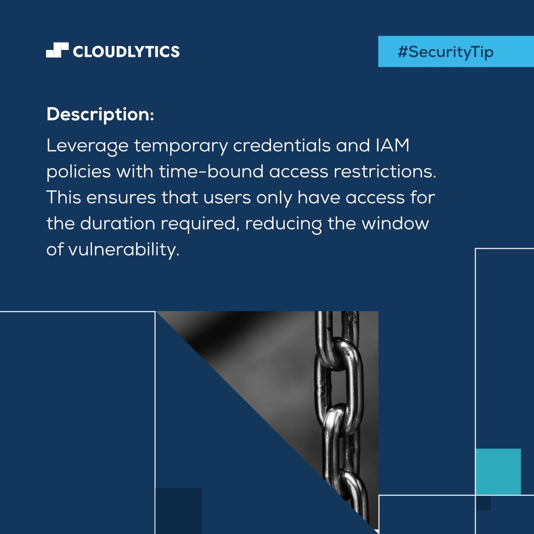 Cloudlytics's tweet photo. Unlock security excellence by implementing time-bound access policies—limiting access and enhancing control in your cloud domain.
#Cloudlytics #CloudSecurity #SecurityAwareness #SecurityTip #CSPM https://t.co/yAZcet73db