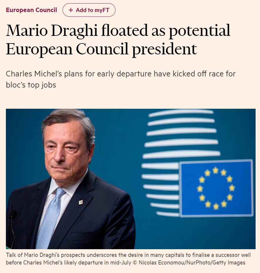 In un articolo di oggi Financial Times, si discute la possibilità che #MarioDraghi possa essere il prossimo presidente del Consiglio Europeo, succedendo a Charles Michel. Draghi, già noto per il suo ruolo cruciale come presidente della Banca Centrale Europea e per aver salvato la