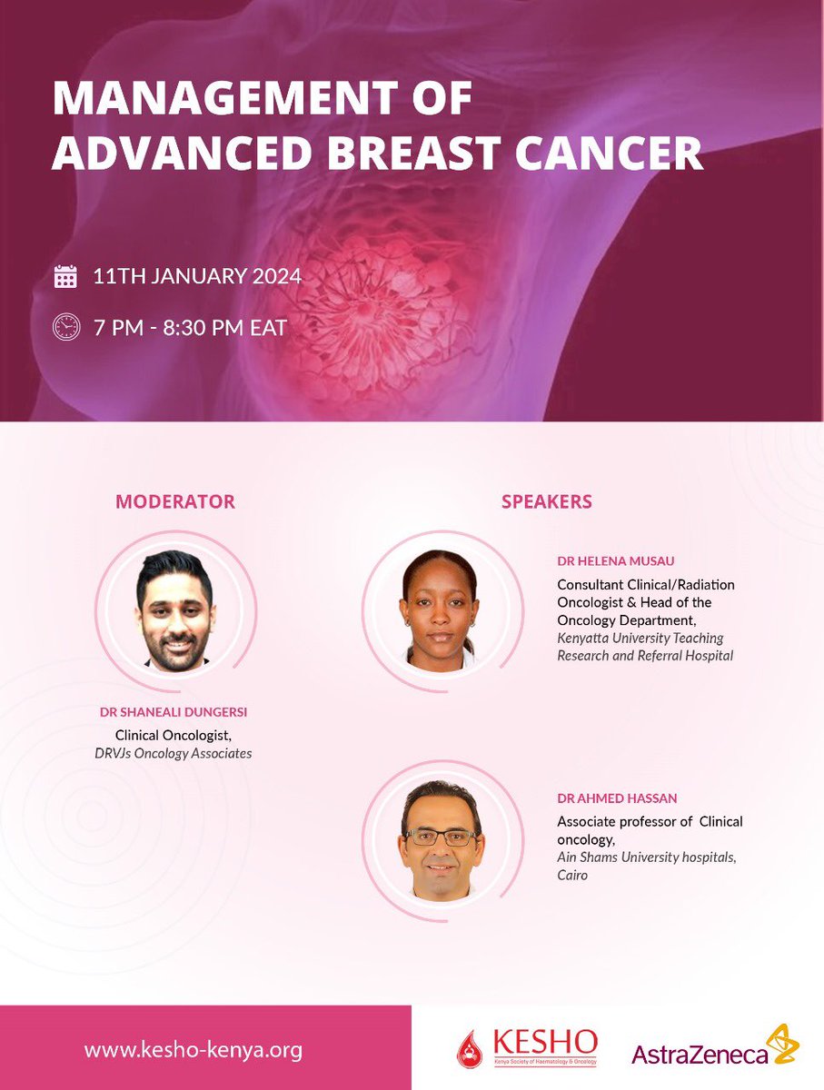 This Thursday, 11 January 2024, join Dr Helena Musau and Dr Ahmed Hassan as they lead a conversation on the Management of Breast Cancer. Use the link shared to join the conversation bit.ly/3SbMdrB @helena_musau