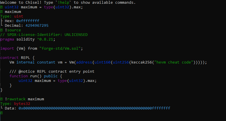 sherlockdefi's tweet photo. Foundry tip: 

Tired of dealing with the whole process of setting up a project in Remix just for some quick testing? Give Chisel a shot – it's right there in your foundry installation, ready to roll with a simple command in your terminal.

Imagine you're curious about the maximum value a uint32 can hold. Well, with Chisel, it's just two lines away.

And if you're interested in peeking under the hood, try out the !source command to see how the code is represented internally. You can also dive into the raw values of variables on the stack with the nifty !rawstack command. It's quick, straightforward, and saves you from the hassle.