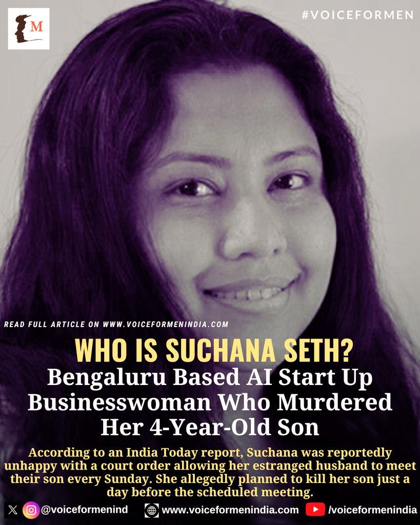 ArnazHathiram's tweet photo. Bengaluru Based AI Start Up Founder #SuchanaSeth (39) & her husband were amidst their divorce process

▪️Court had granted child visitation rights to Father on every Sunday

▪️Unhappy with this court order, Suchana allegedly murdered her 4-year-old Son just a day before this father-son visitation meeting

▪️Even if we get #SharedParenting as a Law, will some of these w*tches just start murdering children?

#CrimeHasNoGender 
#VoiceForMen