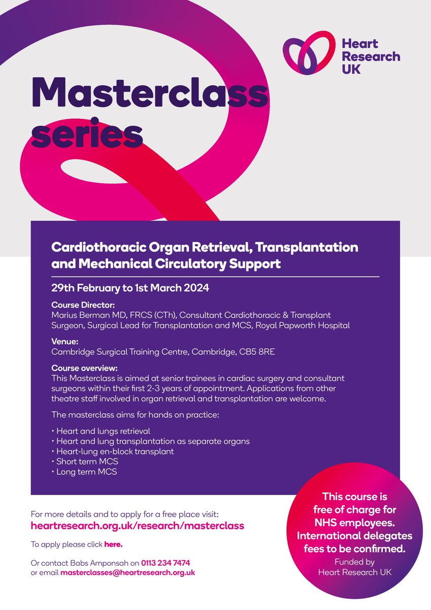 @heartresearchuk Masterclass in Cardiothoracic Organ Retrieval, Transplantation and Mechanical Circulatory Support Date: 29 Feb – 1 Mar 2024 Location: Cambridge Surgical Training Centre To apply please click here 👇 scts.org/events/337/mas… #cardiothoracic #cardiothoracicsurgery