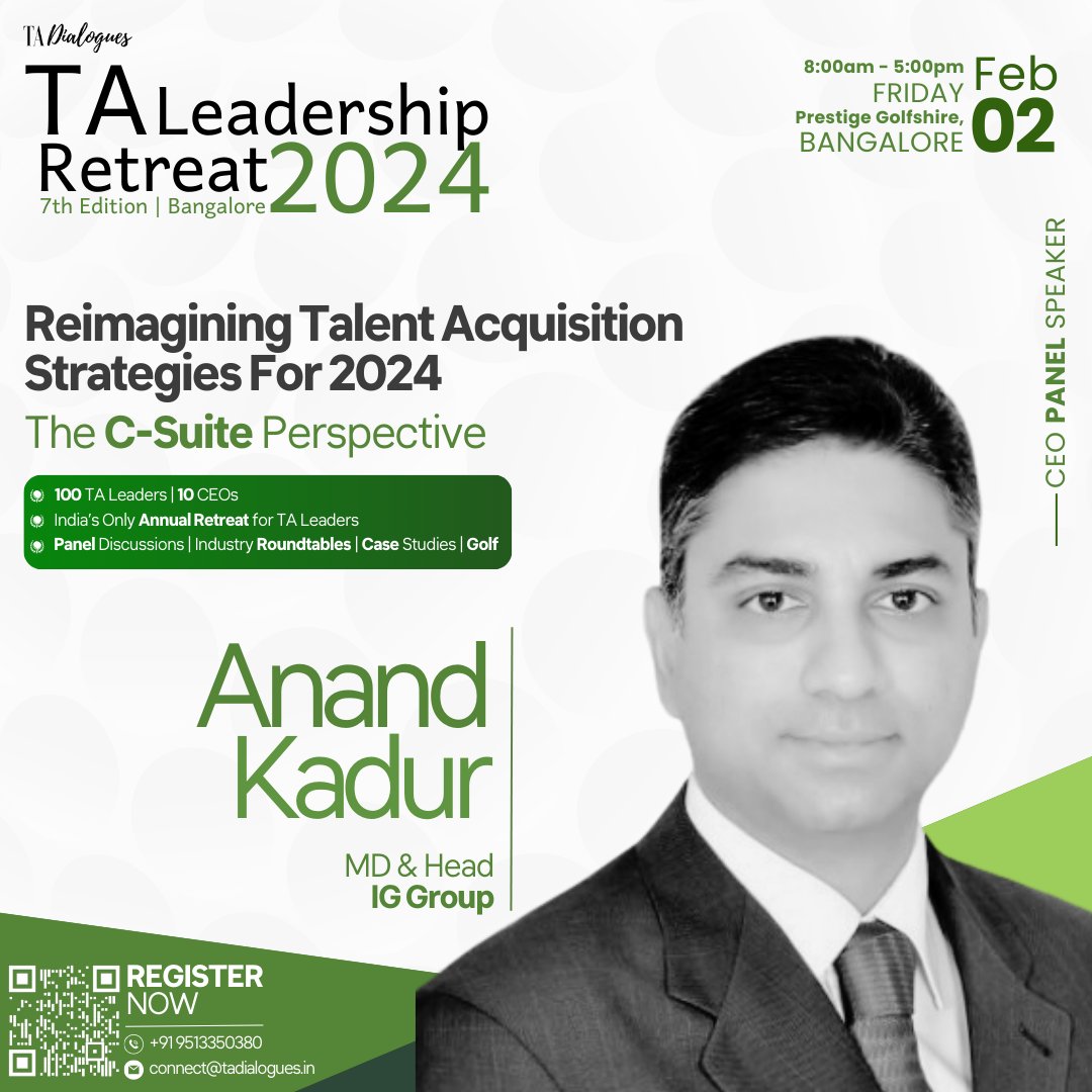 TA_Dialogues's tweet photo. TA Dialogues is happy to announce that Anand Kadur, Managing Director and Head of IG India at IG Group will be attending the TA Leadership Retreat 2024 as a CEO Panel Speaker!

Request an Invite - https://t.co/hn8d4wELRH

#TalentAcquisition #CEOInsights #StrategicLeadership https://t.co/b514cnf1lK