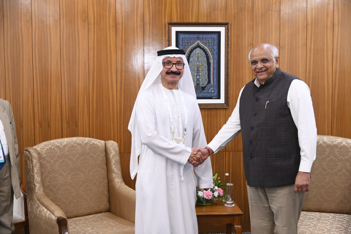 CMOGuj's tweet photo. Gujarat CM Shri @Bhupendrapbjp held a meeting with H.E. Sultan Ahmed Bin Sulayem, Group Chairman and CEO of @DP_World, a leading provider of smart end-to-end logistics services, headquartered in Dubai. The dignitaries discussed ways to further strengthen Gujarat-UAE bilateral relations supported by trade ties and regular diplomatic visits. UAE is one of the biggest sources of FDI in Gujarat and DP world is present in Gujarat since 2003 and has established Mundra International Container Terminal Private Limited (MICT), India’s first Greenfield project to commence container terminal operations. In this context, the Hon’ble CM invited DP World to invest and support Gujarat in developing Port City.
#VGGS2024
#GujaratMeansGrowth