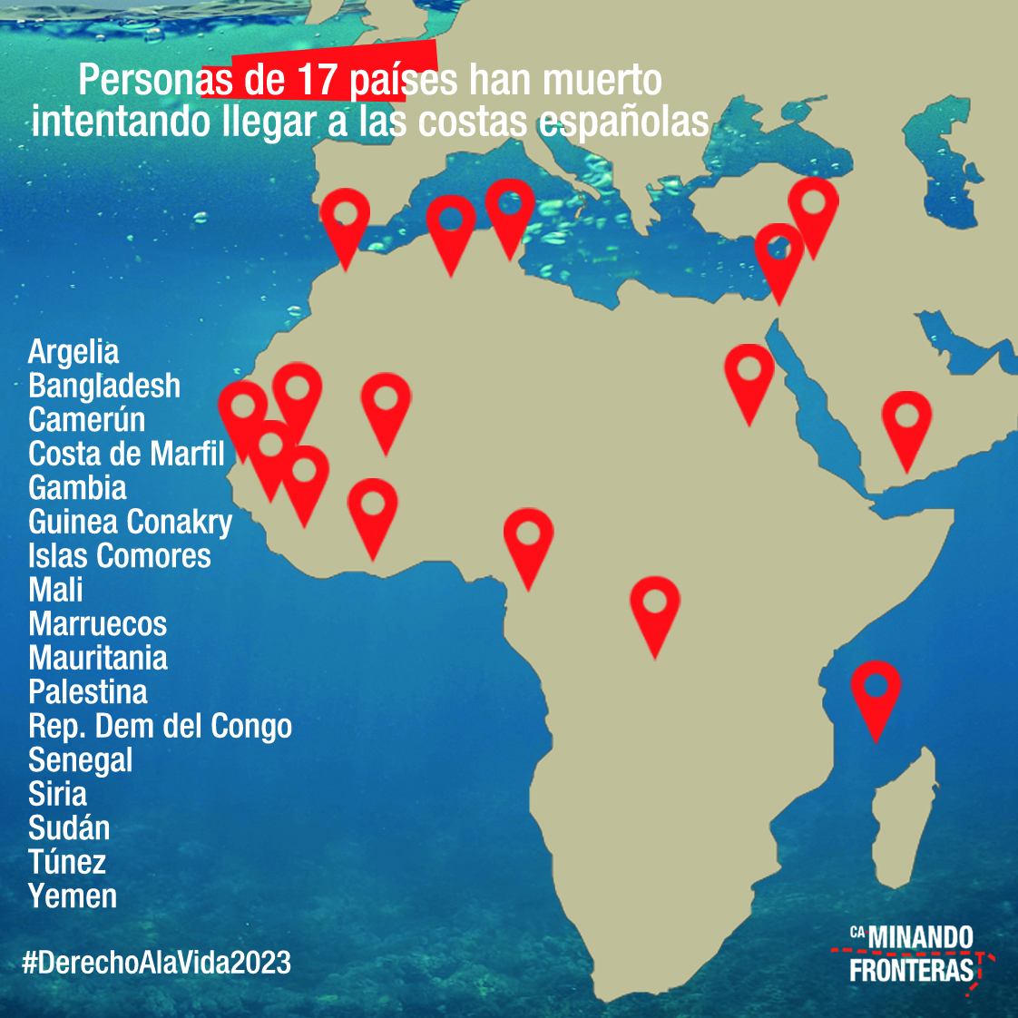 🗺 Personas procedentes de 17 países distintos han perdido la vida tratando de alcanzar las costas españolas. Una tragedia de dimensiones internacionales. #DerechoAlaVida2023 #VictimasFronteras2023