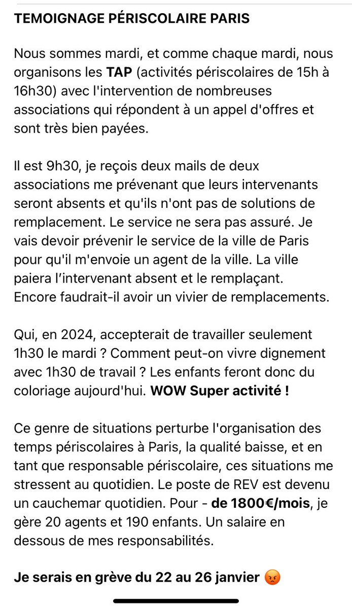 _Periscolaire's tweet photo. #TEMOIGNAGE #PÉRISCOLAIRE #Paris
@Anne_Hidalgo @pbloche @egregoire @OliviaPolski @francebleuparis @BFMParis @20Minutes
Voici pourquoi notre quotidien est un enfer et pourquoi nous ferons grève lors de la semaine de l’éducation du 22 au 26 janvier 2024.
#PrimeREP #categorieA https://t.co/VWFClKebw1