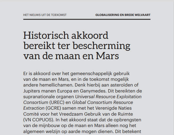 stt_toekomst's tweet photo. Het nieuws uit de toekomst: de maan en Mars als globaal publiek goed. 

Dit nieuwsbericht is een uitwerking van een toekomstscenario uit de verkenning #Toekomst van #globalisering.

📖 Download publicatie: https://t.co/u7ie6zZnvv
📷 Bestel een hardcopy via info@stt.nl. https://t.co/JnfrBFhvI2