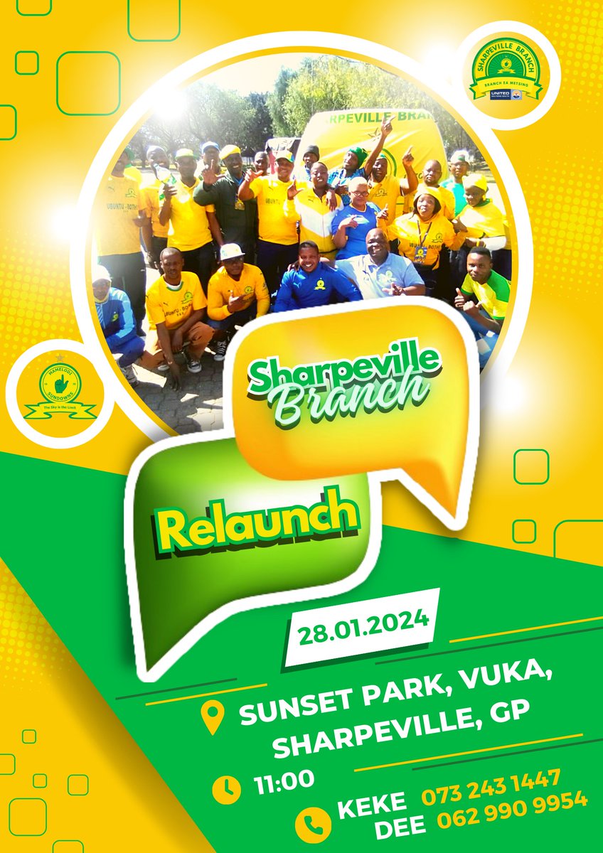 MS_Sharpeville's tweet photo. 🚨𝗕𝗥𝗔𝗡𝗖𝗛 𝗥𝗘𝗟𝗔𝗨𝗡𝗖𝗛🚨

Come one, come all. The dynamic Mamelodi Sundowns Sharpeville Branch is relaunching.

New BEC Leadership elections will be held.

📅 28.01.2024
⏲️ 11:00
📍Sunset Park, Vuka, Sharpeville

#Sundowns 👆 #BranchEaMetsing https://t.co/zhfSEwOCEx