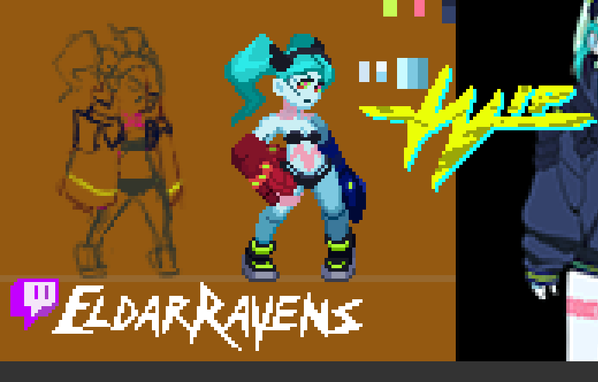 We blocked out most of the base sprite down and pose. We gotta sort out the rest of the base sprite next stream! n__n 

The hand is mushy tho and Im like D: 
#pixelartwork #pixelartist #rebeccaCyberpunk #spritework