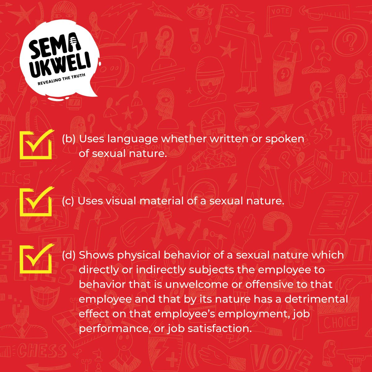 Does your employer have a sexual harassment policy? The Employment Act mandates an employer with 20 or more employees to issue one. Are you aware of what constitutes sexual harassment and do you know what to do if it happens at your workplace? #SemaUkweli #RevealingTheTruth