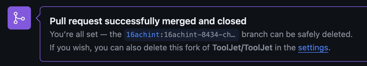 16achint's tweet photo. Guess what's the ultimate coder high?  Getting that 'PR merged' notification! My contribution to @ToolJet  is now part of the codebase. Big thanks to @kirat_tw ; ) and Ready for the next chapter. #OpenSource #MergedPR https://t.co/M1dY0YJpe6