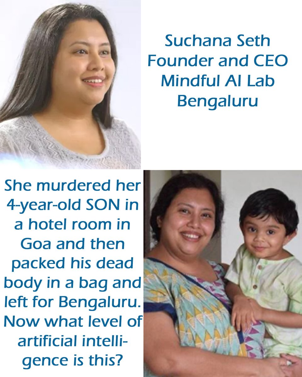 Meet Suchana Seth, CEO and Founder of Bengaluru based Mindful AI Lab's. She gt arrested for killing her 4 years old SON in a hotel room in Goa. She packed the dead body in a Bag after the Murder probably to send this to her estranged Husband. Can this be more shocking
#GoaMurder