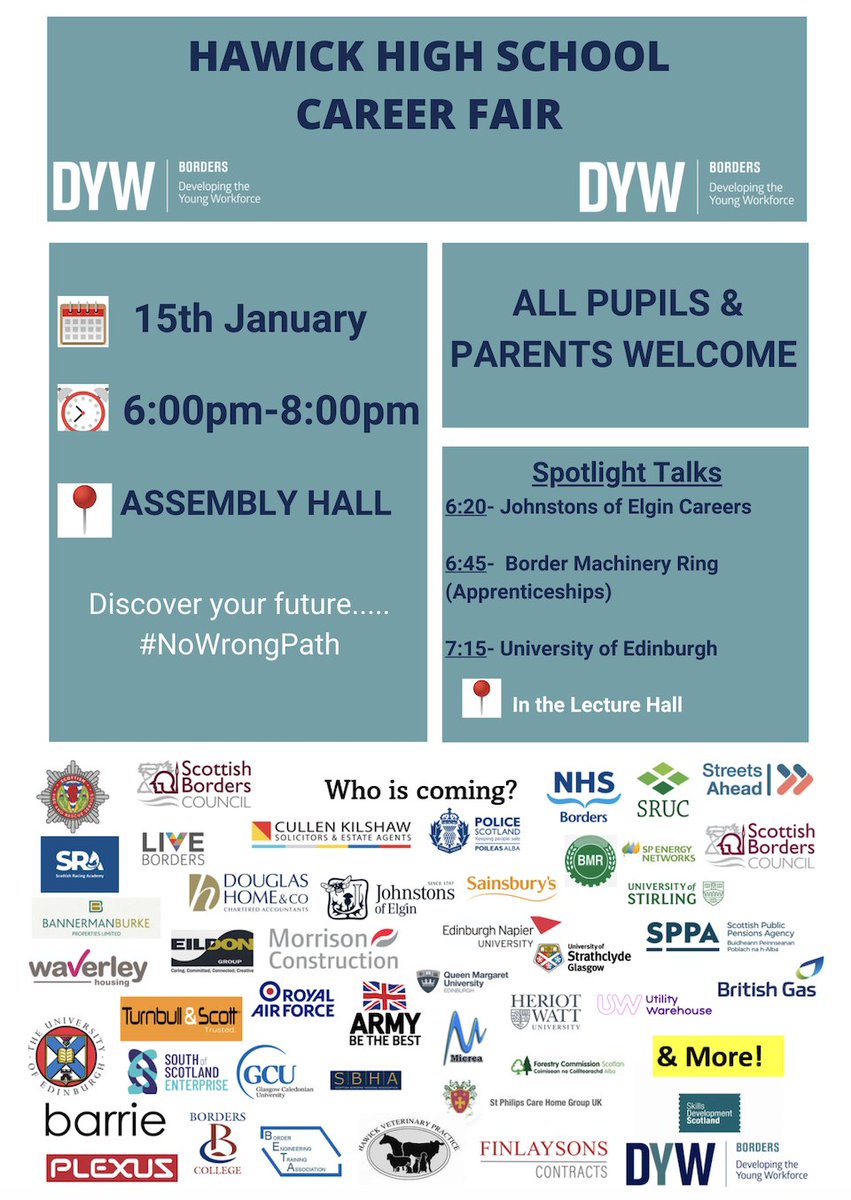 DYW Borders (@dywborders) on Twitter photo Get ready to explore exciting career options at our upcoming career fair happening at <a href="/HawickHS/">Hawick High School</a> on January 15th! Get ready to explore exciting career options at our upcoming career fair happening at <a href="/HawickHS/">Hawick High School</a> on January 15th!