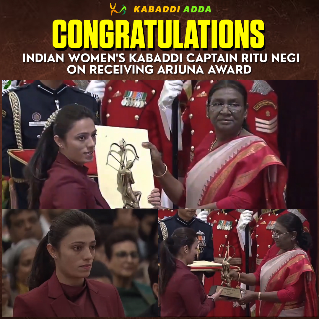 KabaddiAdda's tweet photo. The #ArjunaAward is proudly conferred upon the captain of the Indian 🇮🇳 women's #Kabaddi team, Ritu Negi, by the esteemed President of India, Droupadi Murmu. 🏹🙌 
Heartiest congratulations from #KabaddiAdda! 

#RituNegi #Congratulations #WomenInKabaddi #ProudMoment #Capatin https://t.co/vgXAvzzvym