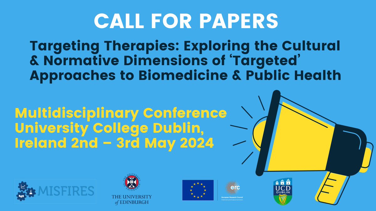MISFIRES-ERC (@misfires_erc) on Twitter photo Don't forget to submit abstract - extended deadline 19 Feb!
We'll examine design, delivery & implications of 'targeted' biomedicine & public health to help better understand dynamics between science, healthcare & society
More info misfires.ucd.ie/events-news/
Venue <a href="/UCDQuinnSchool/">UCD Quinn School</a> Don't forget to submit abstract - extended deadline 19 Feb!
We'll examine design, delivery & implications of 'targeted' biomedicine & public health to help better understand dynamics between science, healthcare & society
More info misfires.ucd.ie/events-news/
Venue <a href="/UCDQuinnSchool/">UCD Quinn School</a>