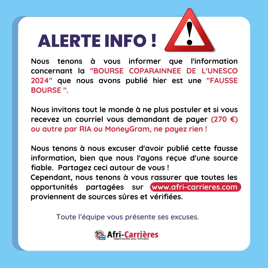 africarriere's tweet photo. Toute l’équipe de Afri-Carrières vous présente ses sincères excuses. Partagez autour de vous svp ! Merci pour la confiance !
#AlertInfo #africarrieres https://t.co/C2lsK7HKqK