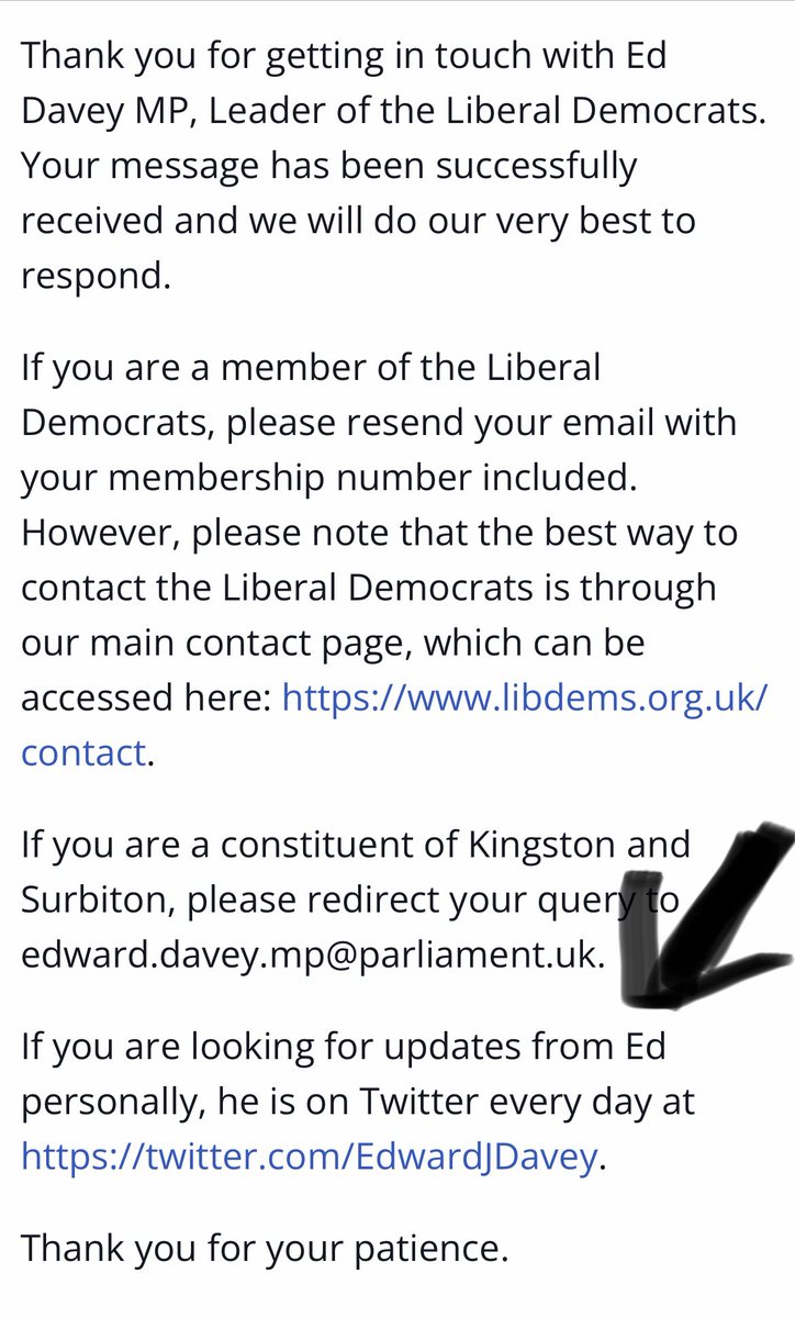 EmmaWalkerCEO's tweet photo. My letter to @EdwardJDavey yesterday, and response so far. He has the same useless auto reply that he did three years ago. Apparently he’s on twitter every day…yet he’s not been seen since Hogmanay 🤷‍♀️ 

#AskEd #AskAlex #EdDavey https://t.co/ppf8CkwZiQ