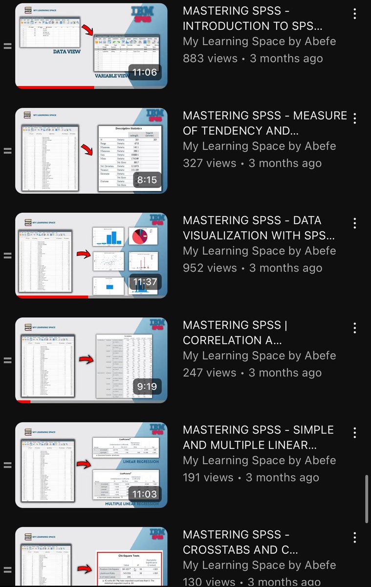 starboy_abefe's tweet image. You talked and I listened ☺️

Here is an SPSS PLAYLIST for beginners by me teaching you …

- DATA VIZ
- CORRELATION ANALYSIS
- DESCRIPTIVE STATISTICS 
- REGRESSION MODELS (feat logistic, binomial, multi-nominal)
- MULTICOLLINEARITY AND NORMALITY TEST
- RELIABILITY TEST

Kindly…