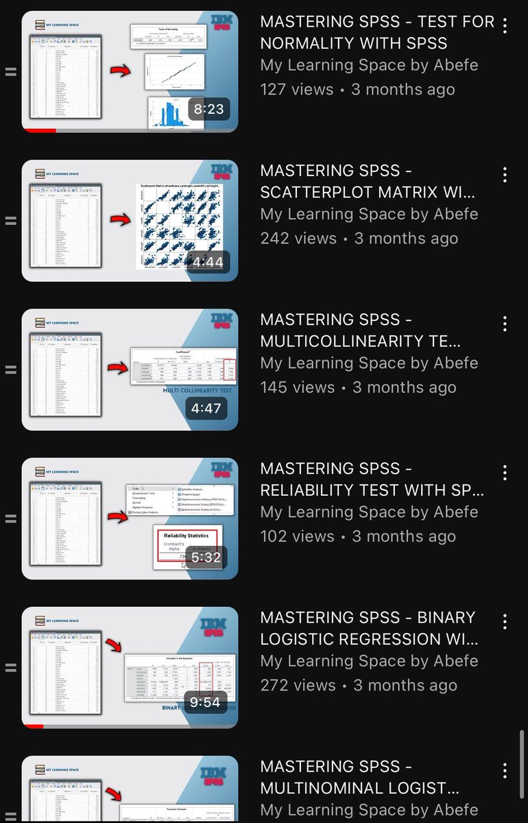 starboy_abefe's tweet image. You talked and I listened ☺️

Here is an SPSS PLAYLIST for beginners by me teaching you …

- DATA VIZ
- CORRELATION ANALYSIS
- DESCRIPTIVE STATISTICS 
- REGRESSION MODELS (feat logistic, binomial, multi-nominal)
- MULTICOLLINEARITY AND NORMALITY TEST
- RELIABILITY TEST

Kindly…