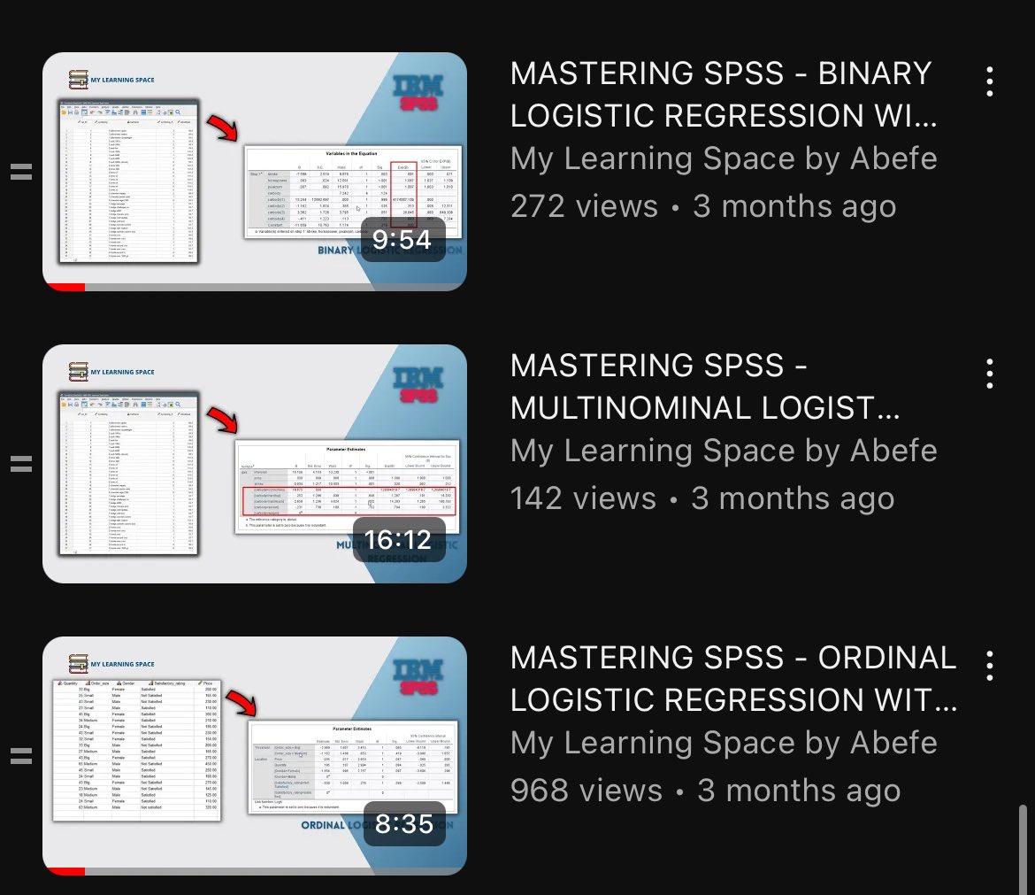starboy_abefe's tweet image. You talked and I listened ☺️

Here is an SPSS PLAYLIST for beginners by me teaching you …

- DATA VIZ
- CORRELATION ANALYSIS
- DESCRIPTIVE STATISTICS 
- REGRESSION MODELS (feat logistic, binomial, multi-nominal)
- MULTICOLLINEARITY AND NORMALITY TEST
- RELIABILITY TEST

Kindly…