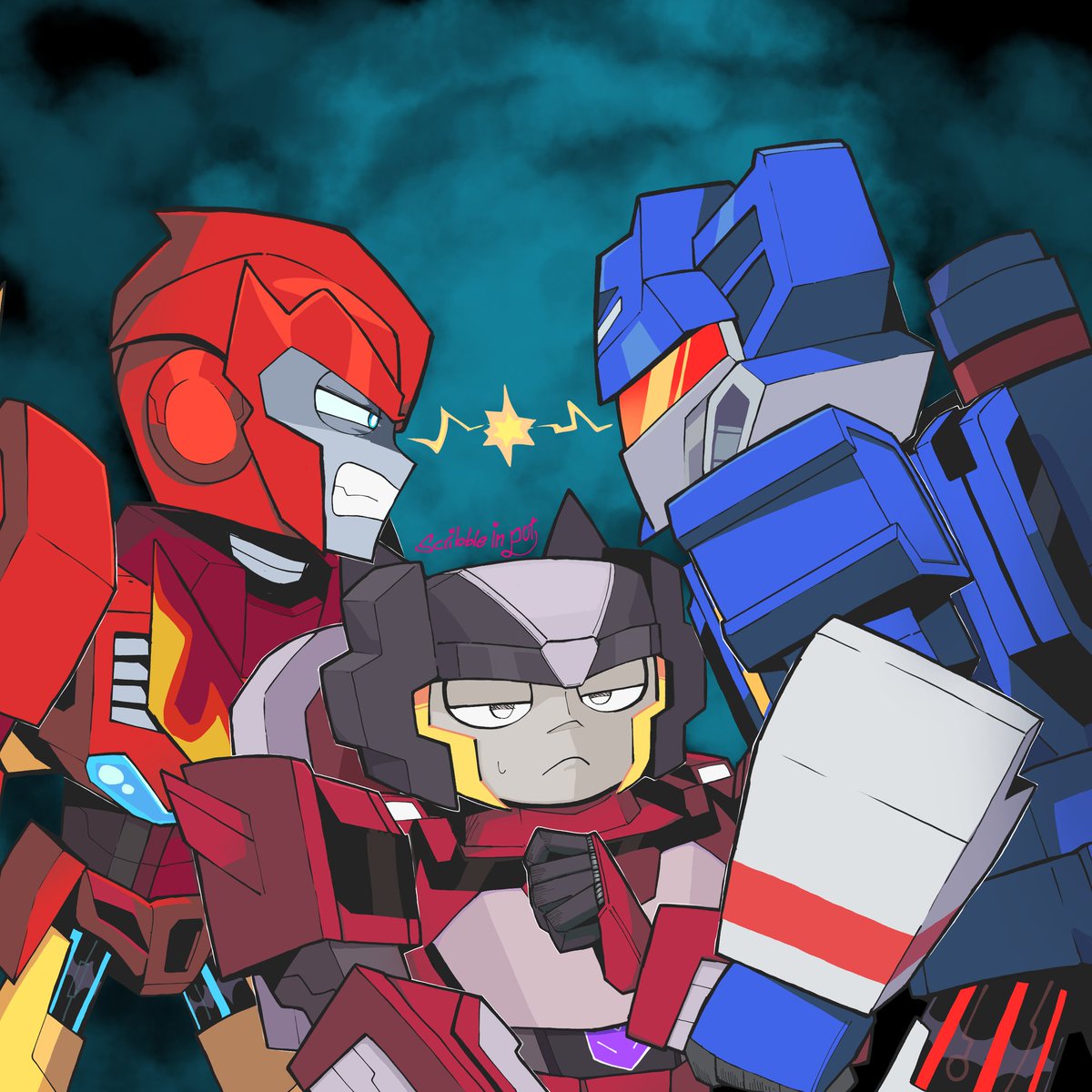 Scribble_in_pot's tweet photo. Never stand between these two. Deadend had to learn it the awkward way.

#Transformers #Cyberverse #Fanart #Art #Hotrod #Soundwave #Deadend https://t.co/M6Boen8pcu