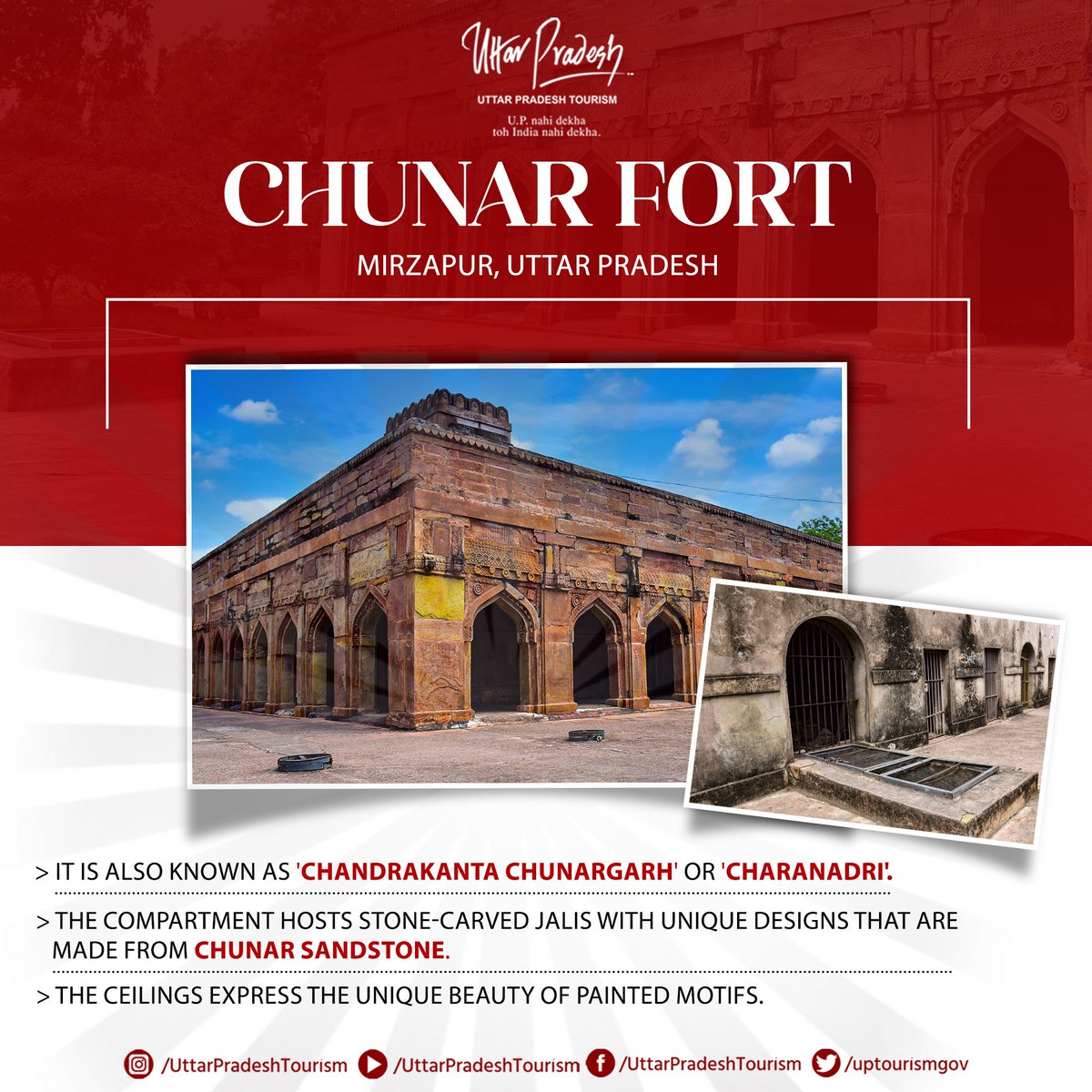 uptourismgov's tweet photo. Explore the historic charm of #ChunarFort in #Mirzapur, #UttarPradesh boasting stone-carved jalis and intricately painted ceilings, showcasing the rich #heritage of #Chunar sandstone.
Visit the expressive #architecture and catch yourself falling in love with its beauty! https://t.co/hRudX0wz3x