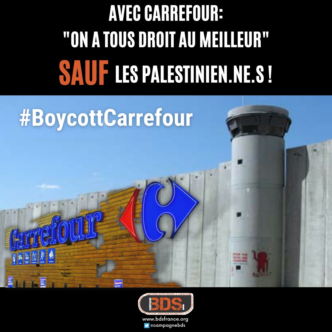 Campagnebds's tweet photo. Le Groupe Carrefour, distributeur multinational basé en France, est impliqué dans les crimes de guerre commis par le régime israélien d’occupation, de colonisation et d’apartheid à l’encontre du peuple palestinien.
Pour en savoir plus : https://t.co/kICXgv9oOa
#BoycottCarrefour https://t.co/pe6dJuIdiT