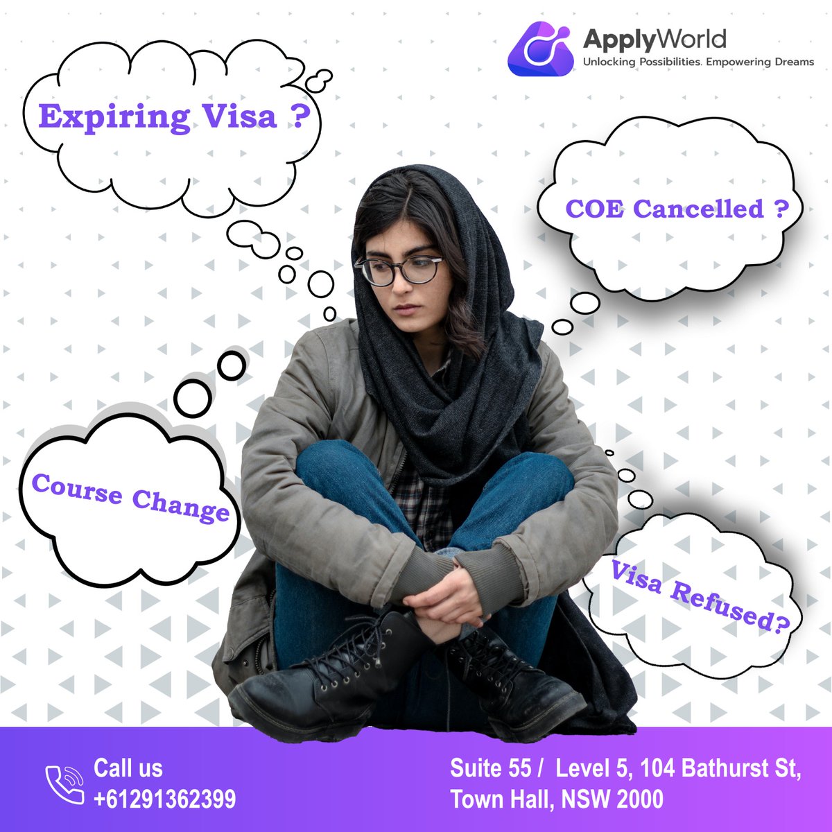 ApplyWorldGroup's tweet image. Is your Visa expiring soon? Did you experience a Visa refusal? Do you want to shift from your current course to another? Or is your COE canceled? Apply World Group can help you! Connect with us today to learn more! Call us now!
#ApplyWorldGroup #VisaMigrationsAustralia